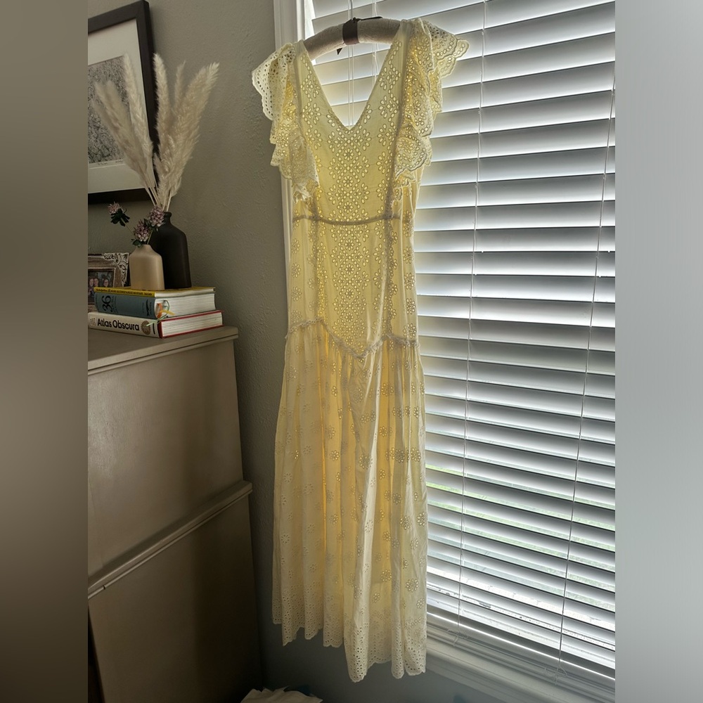 LoveshackFancy butter yellow maxi dress in beautiful lined eyelet cotton, XS
